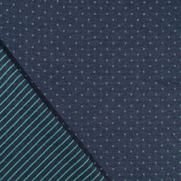 Tissu Sweat Matelassé Réversible Motifs verts sur fond Bleu marine - Par 10 cm