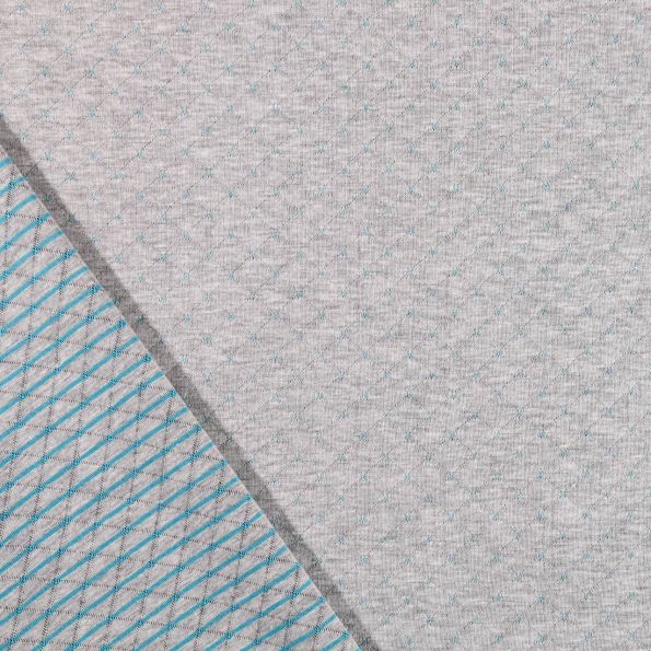 Tissu Sweat Matelassé Réversible Motifs turquoise sur fond Gris clair chiné - Par 10 cm