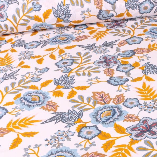 Tissu Coton enduit Flowers sur fond Blanc - Par 10 cm