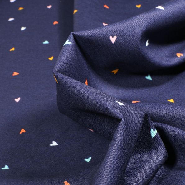 Tissu Coton imprimé Mini cœurs sur fond Bleu marine - Par 10 cm
