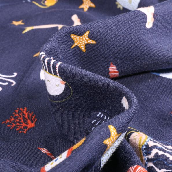 Tissu Jersey Coton Bio Octopus sur fond Bleu marine - Par 10 cm