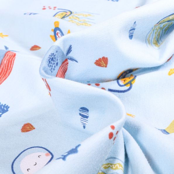 Tissu Jersey Coton Bio Octopus sur fond Bleu ciel - Par 10 cm