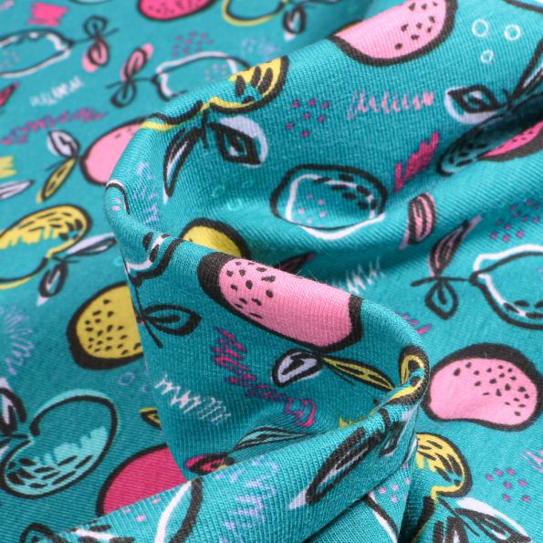 Tissu Jersey Coton Bio Fruits multicolores sur fond Bleu pétrole - Par 10 cm