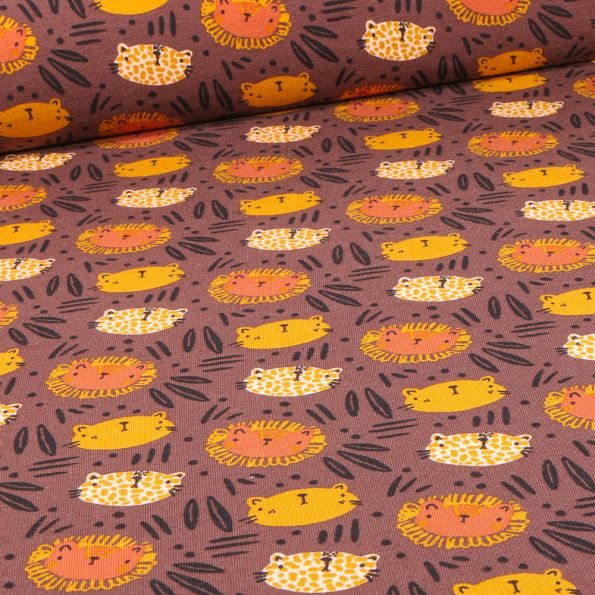 Tissu Jersey Coton Bio Kingy sur fond Marron - Par 10 cm