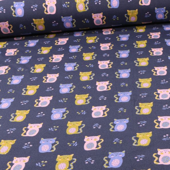 Tissu Jersey Coton pailleté Kitty sur fond Bleu nuit - Par 10 cm