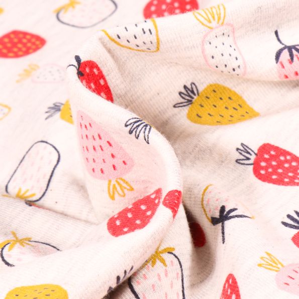 Tissu Jersey coton Fraises dessinées sur fond Blanc chiné - Par 10 cm
