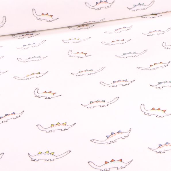 Tissu Jersey Velours tout doux Diplodocus sur fond Blanc - Par 10 cm