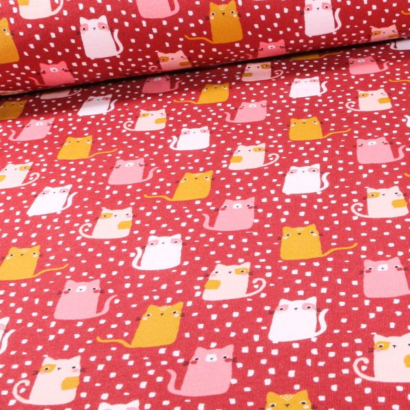Tissu Jersey Coton envers molletonné Bio Chacha sur fond Rouge foncé - Par 10 cm