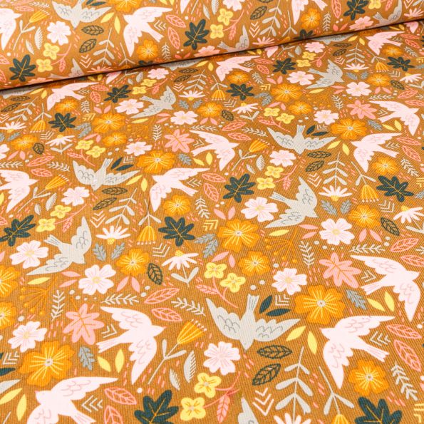 Tissu Velours milleraies Oiseaux et fleurs sur fond Ocre - Par 10 cm