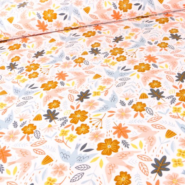 Tissu Velours milleraies Oiseaux et fleurs sur fond Blanc - Par 10 cm