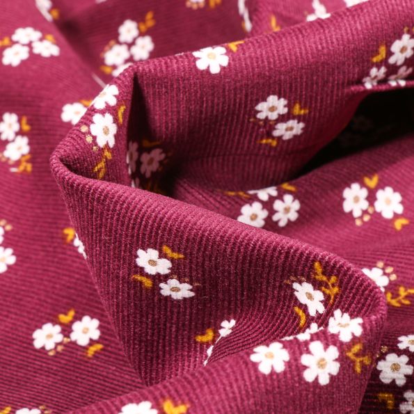Tissu Velours milleraies Petites fleurs sur fond Bordeaux - Par 10 cm