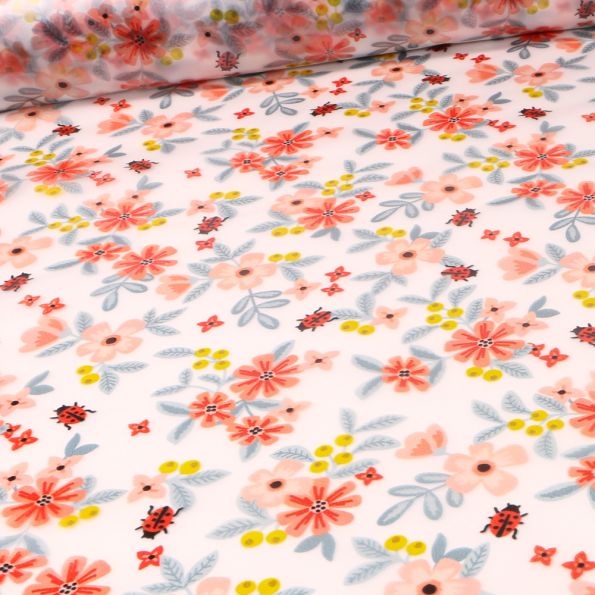 Tissu imperméable Coccinelle et fleurs orange sur fond Transparent - Par 10 cm