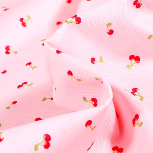 Tissu Coton imprimé Cherry Cherry sur fond Rose pâle - Par 10 cm