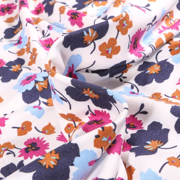Tissu Jersey Modal Fleurs colorées sur fond Blanc - Par 10 cm