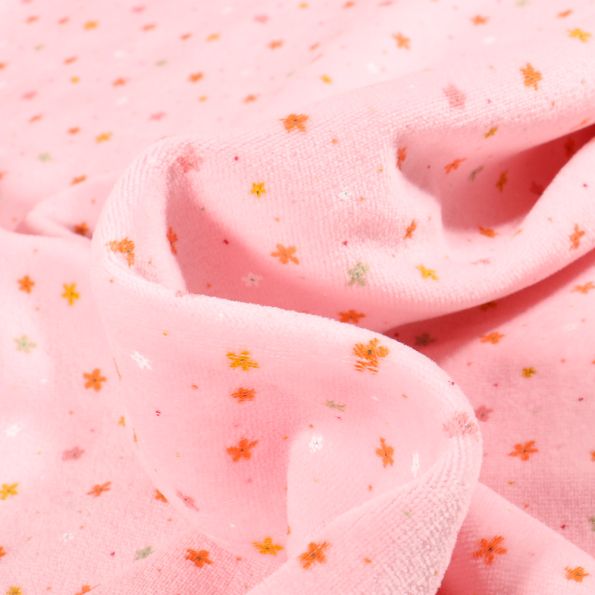 Tissu Jersey Velours tout doux Mini fleurs sur fond Rose pâle - Par 10 cm