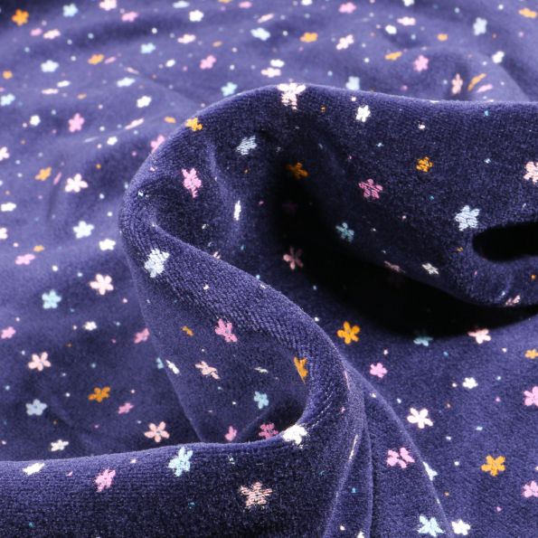 Tissu Jersey Velours tout doux Mini fleurs sur fond Bleu nuit - Par 10 cm