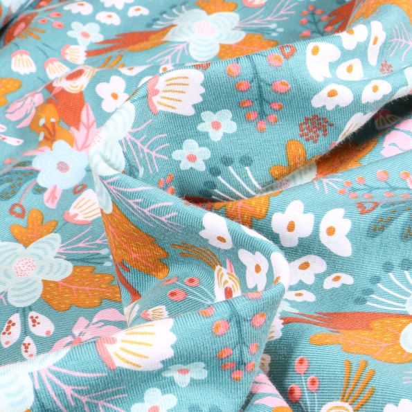 Tissu Jersey Coton Ellie Flowers sur fond Bleu - Par 10 cm