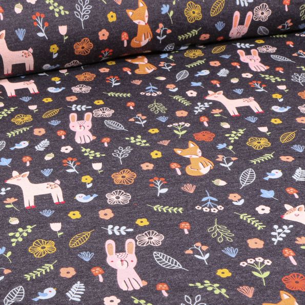 Tissu Jersey Coton Bio Balade en foret sur fond Bleu marine - Par 10 cm