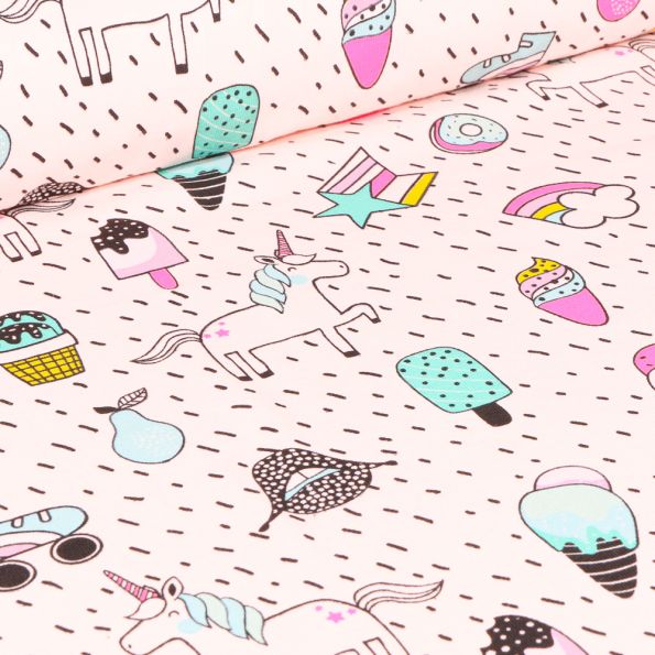 Tissu Jersey Coton Licorne Girly fantaisie sur fond rose - Par 10 cm