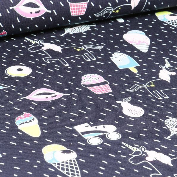Tissu Jersey Coton Licorne Girly fantaisie sur fond Bleu marine - Par 10 cm