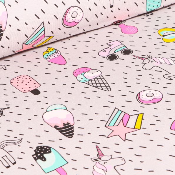 Tissu Jersey Coton Licorne Girly fantaisie sur fond Gris - Par 10 cm