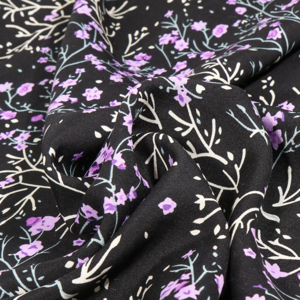 Tissu Viscose Perrina violet sur fond Noir - Par 10 cm