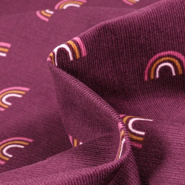 Tissu Velours milleraies Arc en ciel sur fond Bordeaux - Par 10 cm