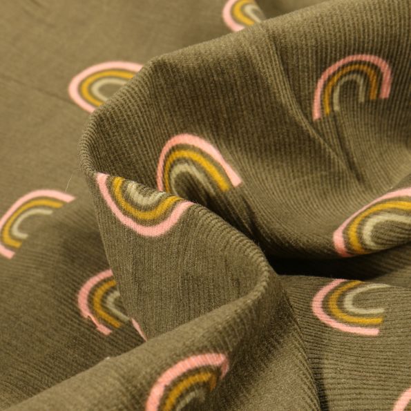Tissu Velours milleraies Arc en ciel sur fond Vert kaki - Par 10 cm
