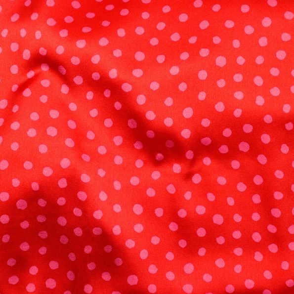 Tissu Crêpe Satin pois sur fond Rouge - Par 10 cm