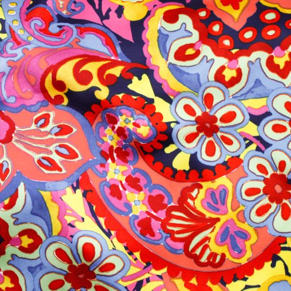 Tissu Crêpe satiné Encanta sur fond Orange - Par 10 cm