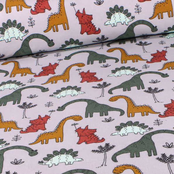 Tissu Jersey Coton envers molletonné Triceratops sur fond Gris - Par 10 cm