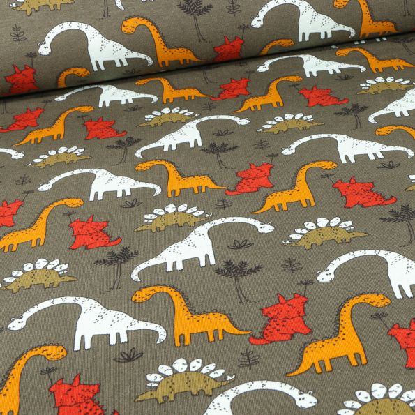 Tissu Jersey Coton envers molletonné Triceratops sur fond Marron - Par 10 cm