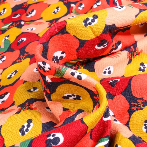 Tissu Jersey Coton envers molletonné Lollie sur fond Bleu marine - Par 10 cm