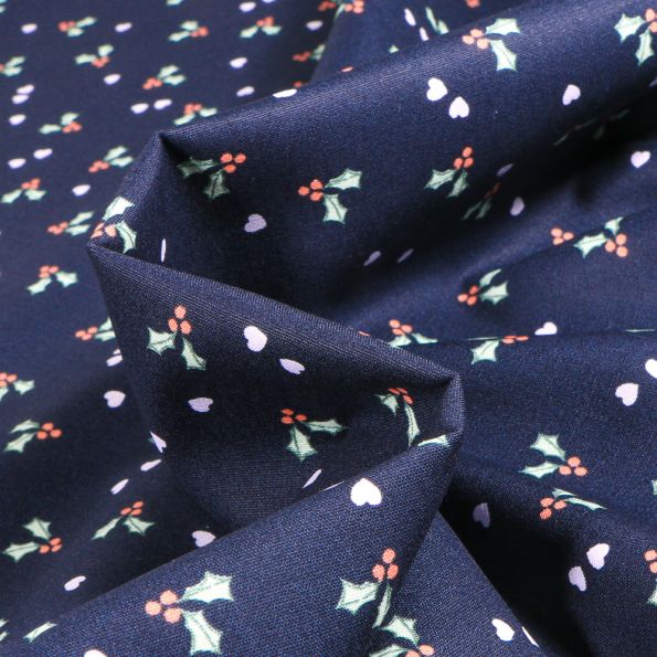 Tissu Coton imprimé Gui de noël sur fond Bleu marine - Par 10 cm