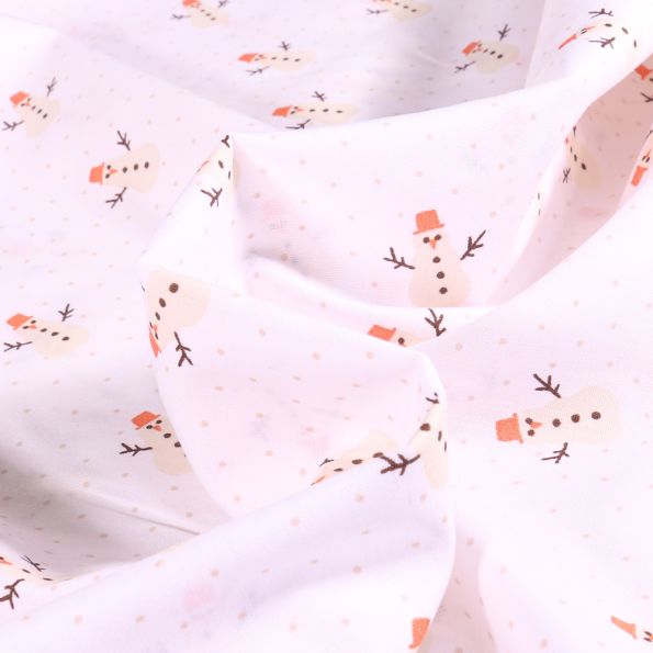 Tissu Coton imprimé Bonhomme de neige sur fond Blanc - Par 10 cm