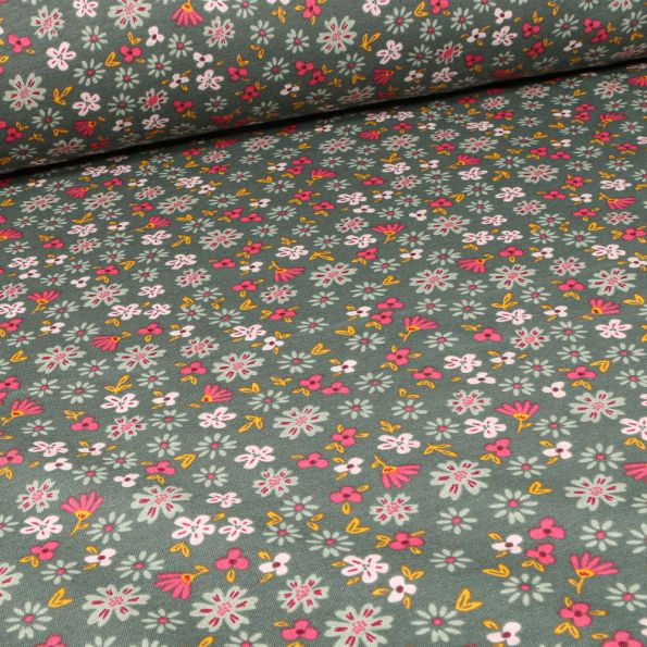Tissu Sweat envers minky Flowers sur fond Vert kaki - Par 10 cm