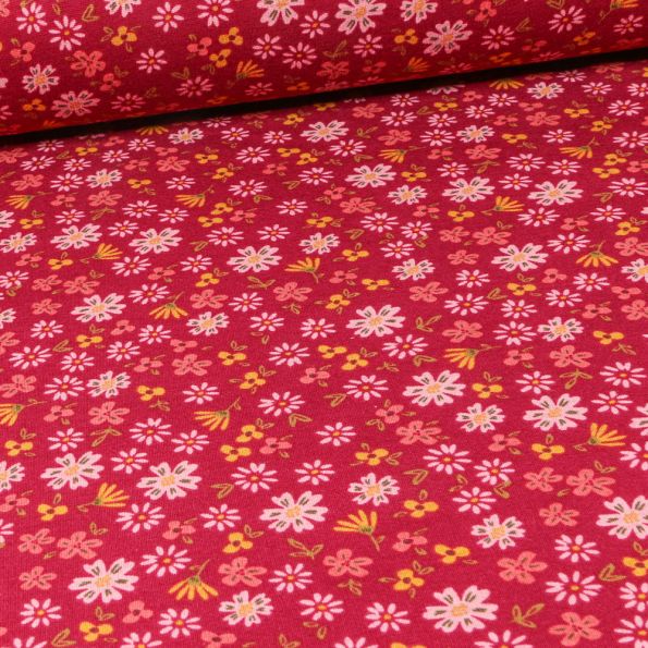 Tissu Sweat envers minky Flowers sur fond Lie de vin - Par 10 cm