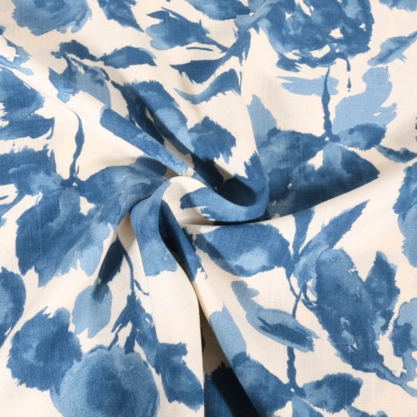 Tissu Viscose aspect Lin Fleuris bleu sur fond Ecru - Par 10 cm