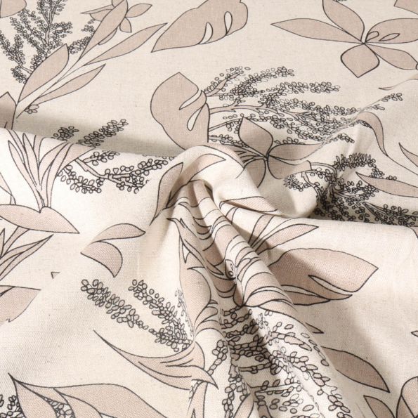 Tissu Viscose Lin Motif floral sur fond Beige - Par 10 cm