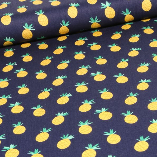 Tissu Coton imprimé Ananas sur fond Bleu marine - Par 10 cm