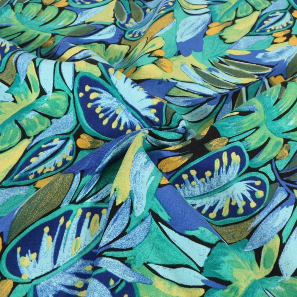 Tissu Viscose Feuillage exotique sur fond Bleu - Par 10 cm