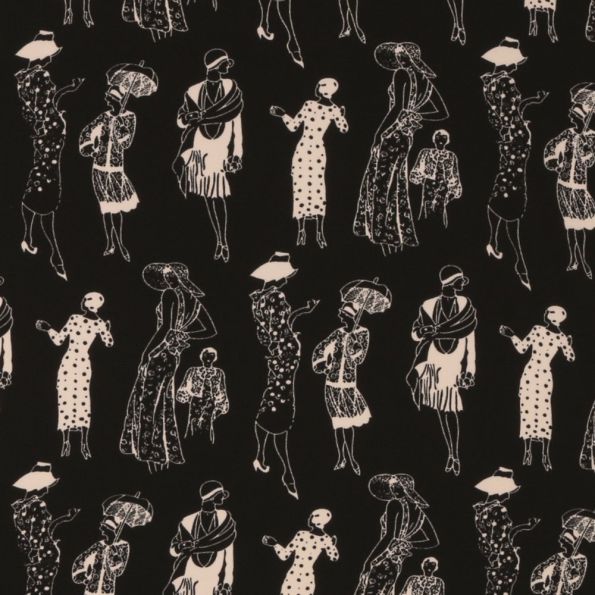 Tissu Mousseline Gravures de Mode Vintage Femmes en Blanc sur fond Noir - Par 10 cm