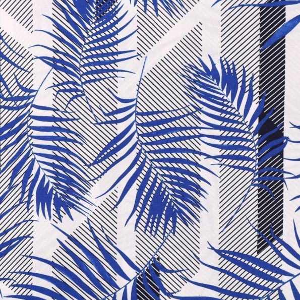 Tissu Viscose Feuilles de Palmiers Bleu roi et bleu marine sur fond Blanc - Par 10 cm