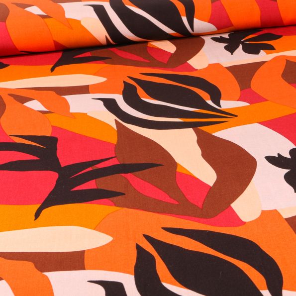 Tissu Viscose Feuillages abstraits colorés sur fond Orange - Par 10 cm