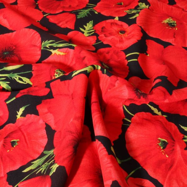 Tissu Viscose imprimé Coquelicot rouge sur fond Noir - Par 10 cm