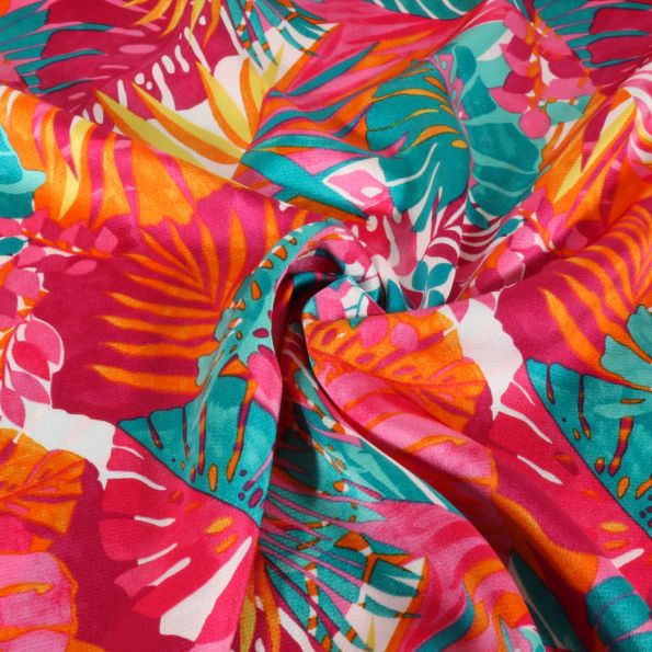 Coupon Tissu Satin imprimé Feuillage tropical sur fond Rose fuchsia - Coupon de 200 cm