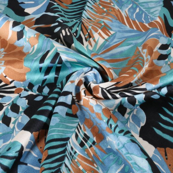 Tissu Satin imprimé Feuillage tropical sur fond Noir - Par 10 cm