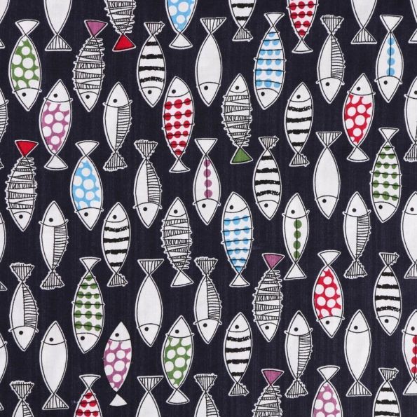 Tissu Voile de Coton Viscose Poissons Multicolores sur fond Bleu marine - Par 10 cm