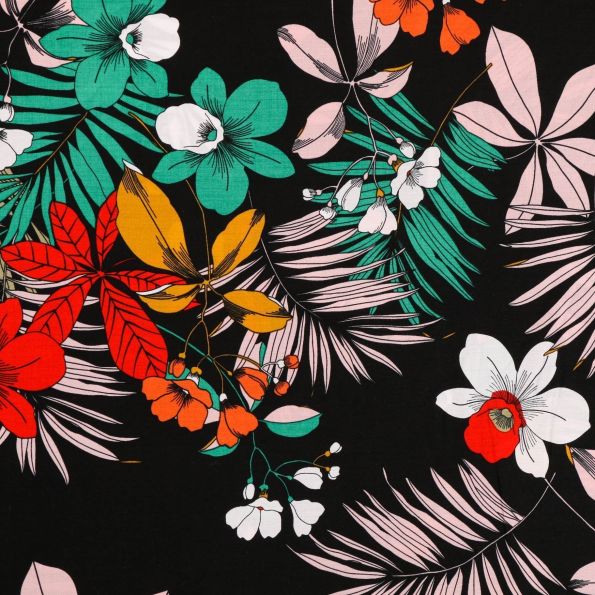 Tissu Viscose imprimée Fleurs et feuilles tropicales Multicolores sur fond Noir - Par 10 cm