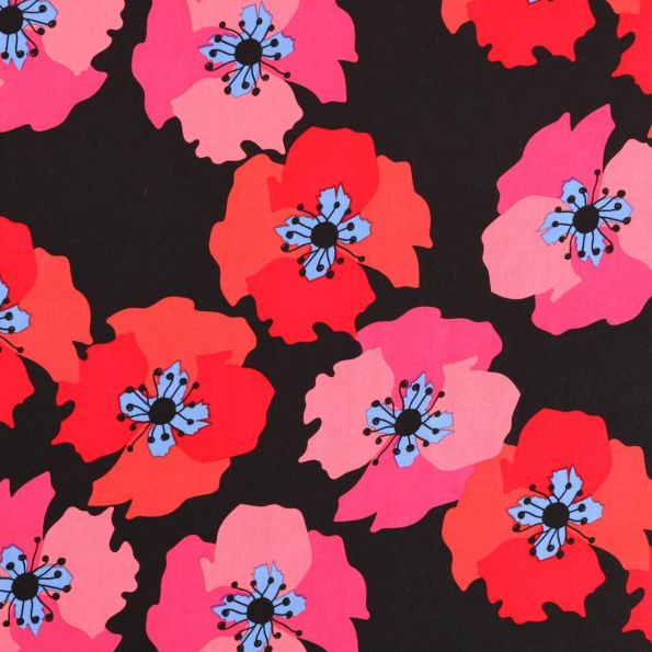 Tissu Viscose Coquelicots Rouges, roses et bleus sur fond Noir - Par 10 cm